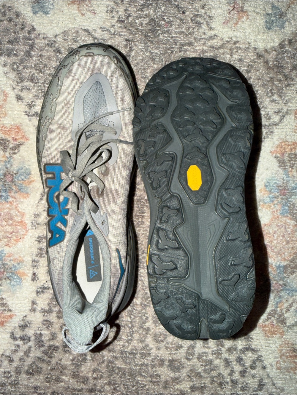 Hoka Men's Gray with Blue Logo Trail Runners